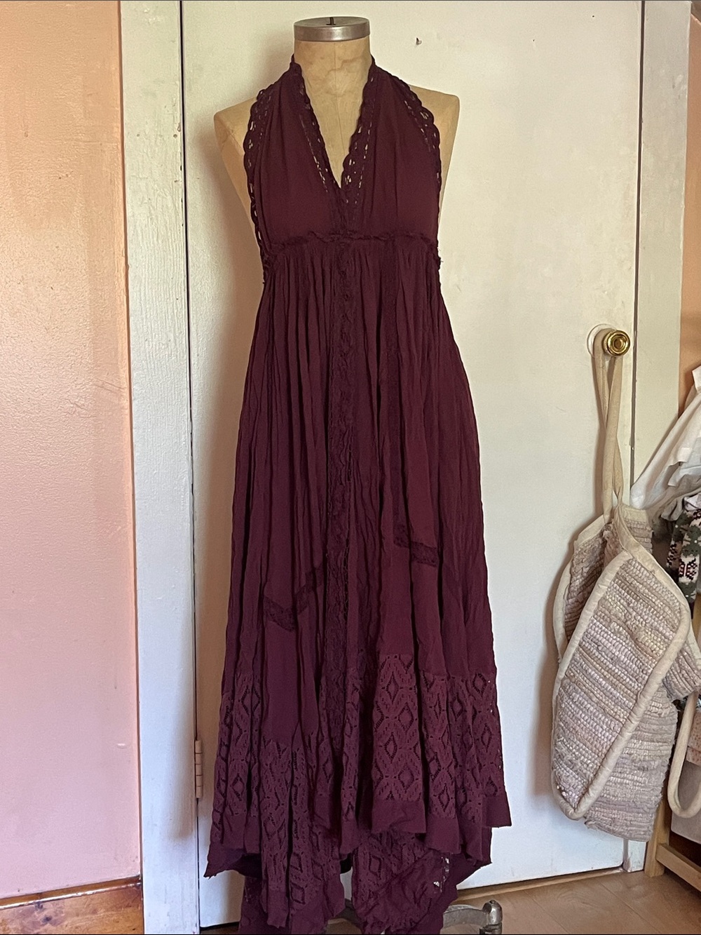 Free people halter dress NWT Boho Halter Maxi Dress in Deep Burgundy